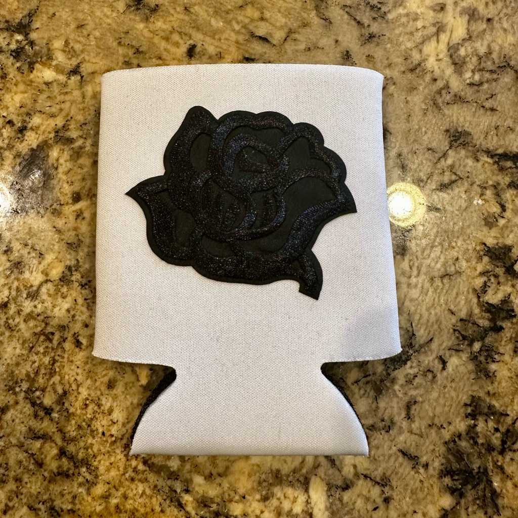 White Koozie Black Rose Patch - Individual Can Cooler